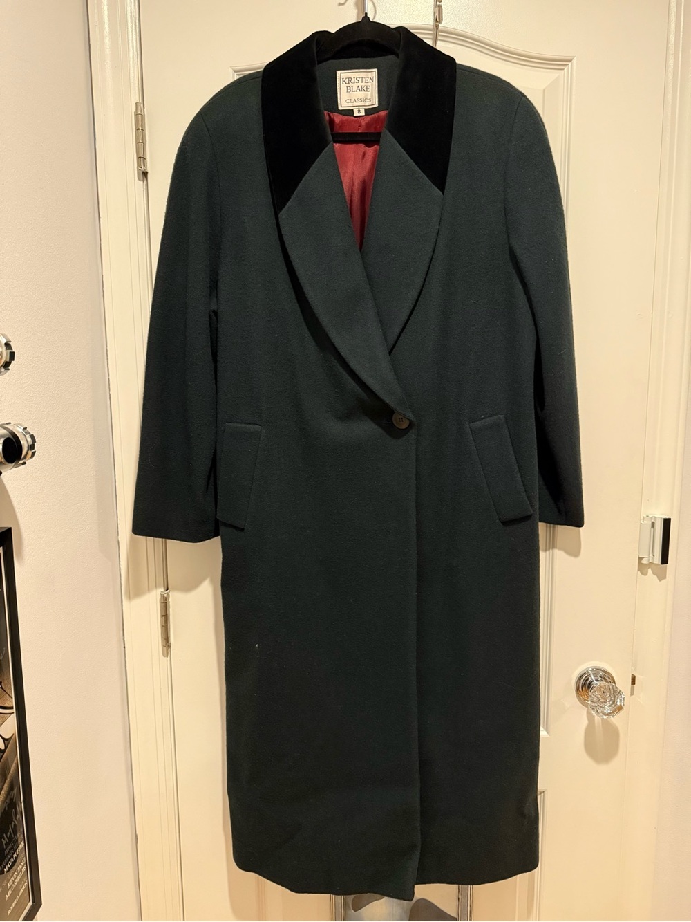 Kristen Blake Women's Dark Green Wool Blend Long Coat with Black Velvet Collar